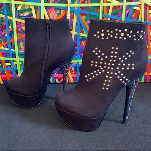 Machi Woman's Platform Union Jack Rhinestone High Heel Boot Black Size 7.5